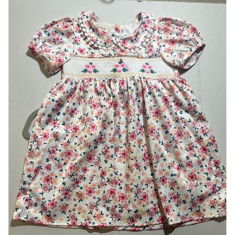 Marie Nicole Clothing Girls Floral Smocked Dress Pink Orange Pom Pom Collar M